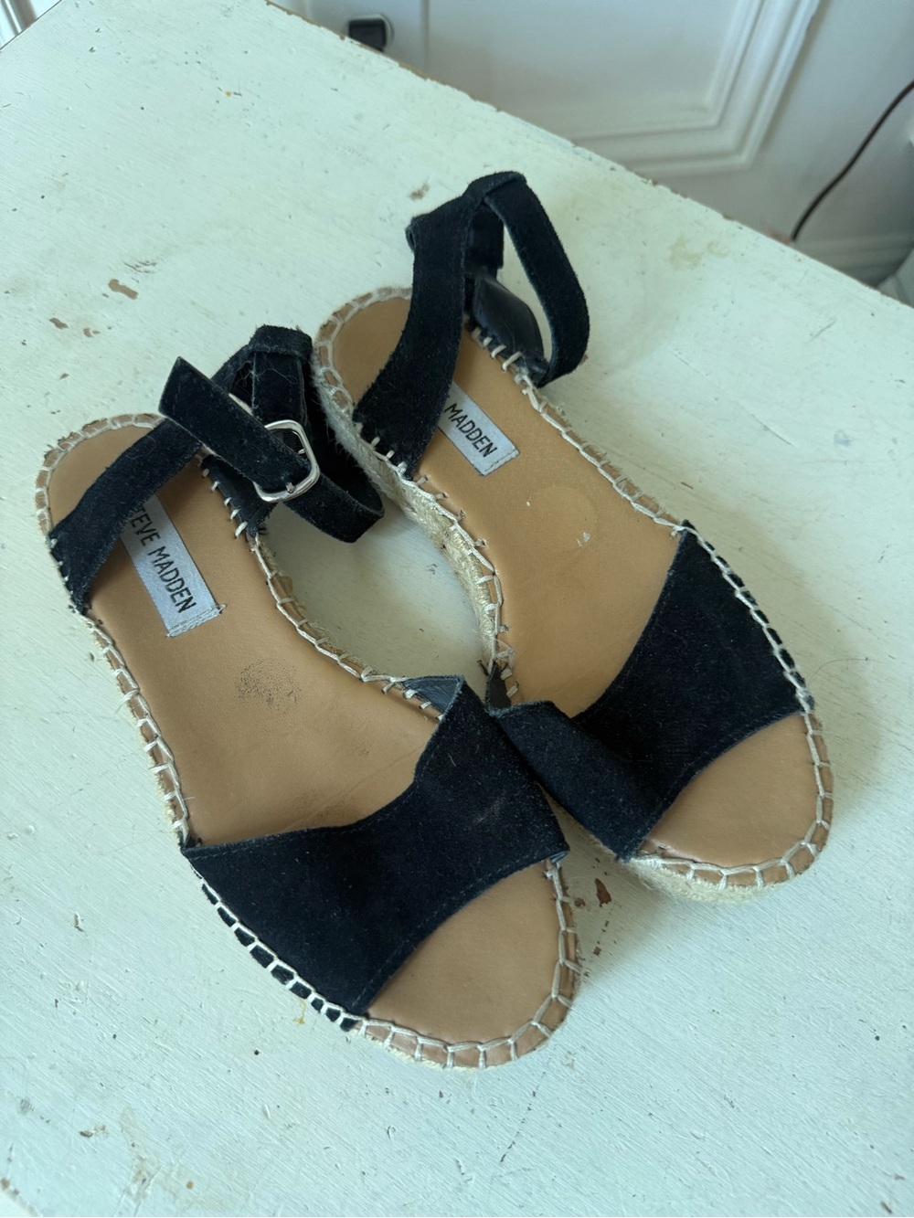 Steve Madden Black Suede Ankle-Strap Espadrille Sandals